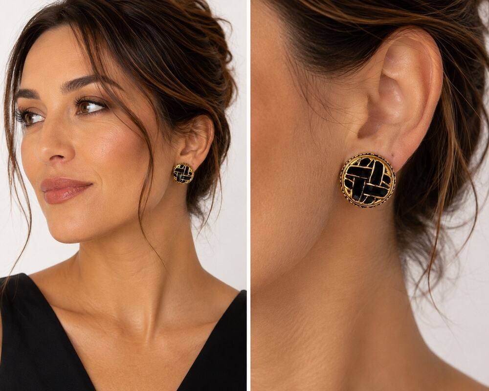Gold Tone Black Enamel Basketweave Round Stud Earrings Vintage